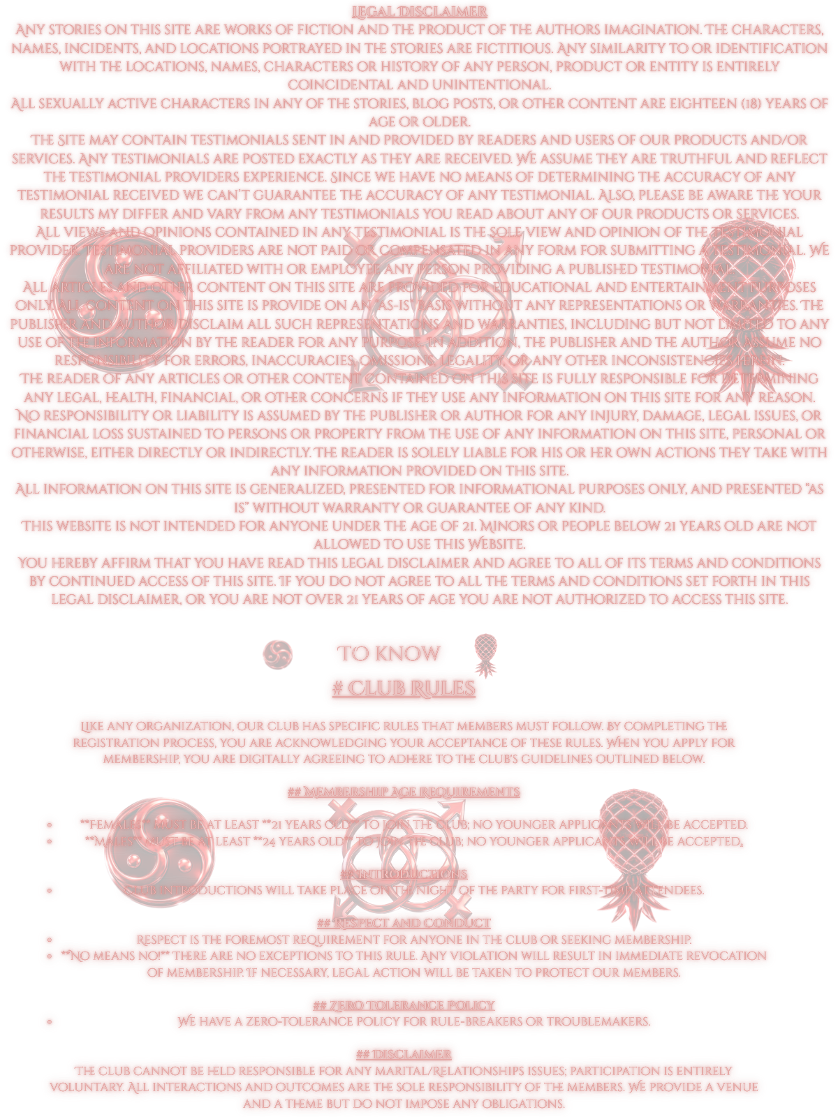 Legal Disclaimer, Club Rules, and Membership Requirements